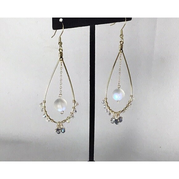 Handmade Wire Wrapped Dangle Earrings Sparkle Iridescent Mermaid Boho - Picture 6 of 7